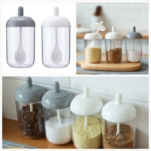 Spice Jar with Lid Spoon Set Plastic Herb Condiment Tins Salt Storage Container Seal Box Pepper Seasoning Cans Kitchen Organizer
