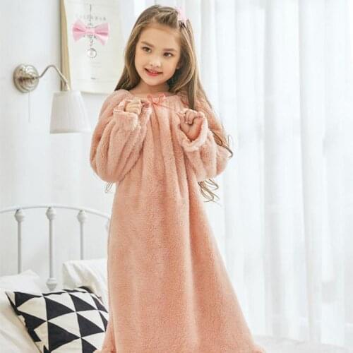 Autumn Winter Children Flannel Nightdress Toddler Girls Long Sleeve Thermal Nightgowns Girls Ankle Length Bathrobe Home Clothes