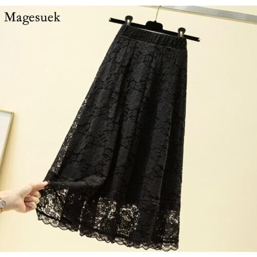 Autumn Casual Lace Black Skirt High Waist Loose skirts womens 2021 New Floral Mid-Calf Plus Size Women Skirt Mujer Faldas 9833