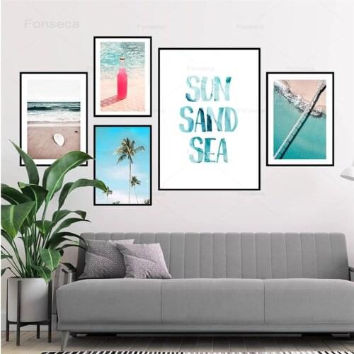 Holiday Sandy Beach Poster Nordic Cocktail Canvas Painting Surf Board Wall Art Pictures for Living Room Modern Prins Unframed