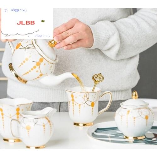 1pc Nordic Luxury Glod Point Porcelain Teapot Coffee Cup and Saucer Sugar Pot Milk Jug Set Tea Tray Wedding Gift