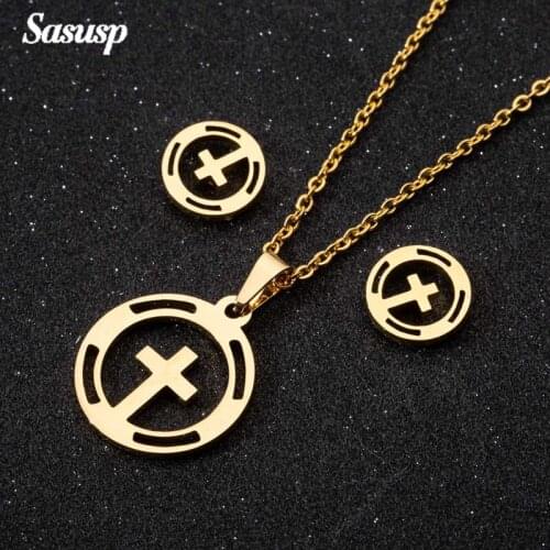 Sasusp Stainless Steel Earrings Set Cross Necklace Gold Chain for Women Religious Jewelry Sets For Friend Gift