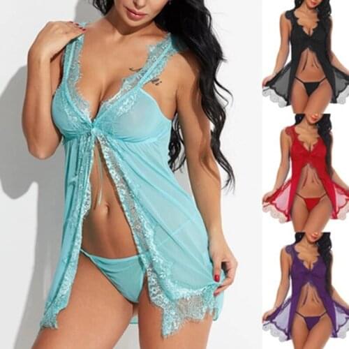 Sexy Lenceria Mujer Women Lingerie With G-string Plus Size Open Back Langerie Lace Babydoll Sleepwear Underwear Erotic Costumes