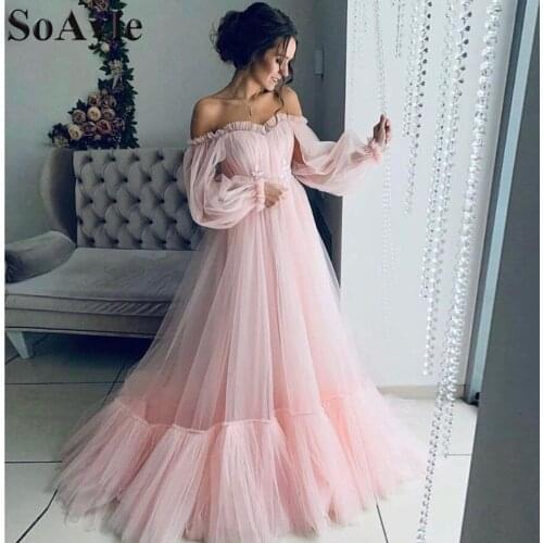SoAyle Pretty Off The Shoulder Tulle Chic Evening Dresses Ruffles Long Sleeves Prom Gowns Sexy Party Dresses