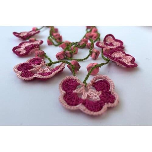 Turkish Oya Crochet Pink Beauty Jewelry with Natural Stones Necklace Authentic Handmade Hand Knitted Boho Jewelry