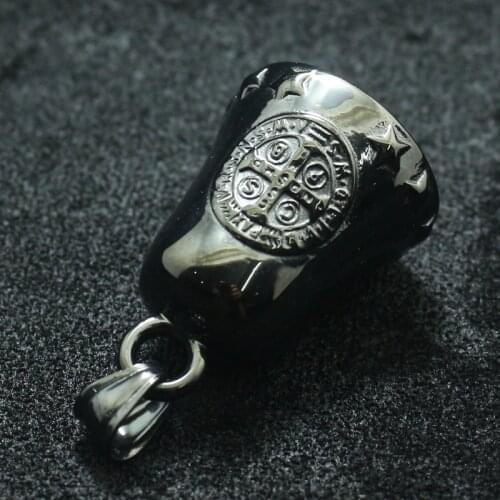 Unisex Saint Benedict of Nursia Jesus Exorcism Cross 316L Stainless Steel Black Star CSPB Bell Pendant
