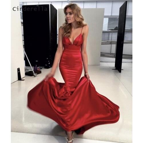 Cinderella Red Backless V-Neck Spaghetti Straps Evening Gowns Sleeveless Mermaid Silk Satin Evening Dresses Party Evening Gowns