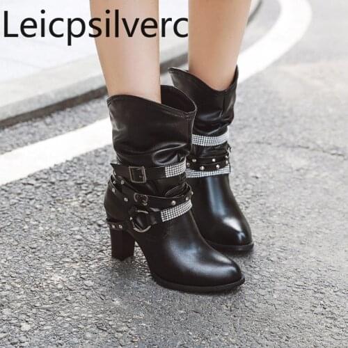 Womens Boots The New winter fashion Round head Rivet High heel Middle tube Womens shoes plus size 33-48 Heel Height 8cm black