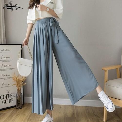 Plus Size High Waist Pants Spring Summer New Style Korean Women Pleated Chiffon Trousers Hakama Casual Wide Leg Pantalones 15888