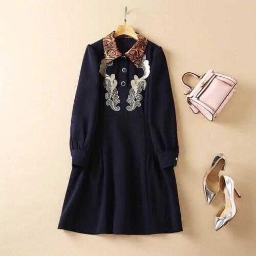 High Quality Cotton Dress 2021 Autumn Winter Fashion Style Women Sexy Wild Leopard Print Embroidery Long Sleeve Black Blue Dress