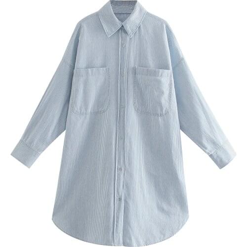 New Vogue Women Striped Shirt Dress Long Sleeves Front Pockets Button-up Side Vents Chic Lady Casual Short Dresses Woman Robe