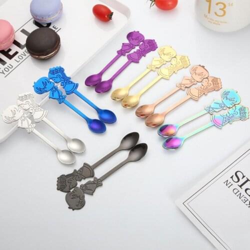 2PCS Couple Spoon Stainless Steel Tea Coffee Spoons Ice Cream Dessert Scoop Household Kitchen Table Decoration Tableware