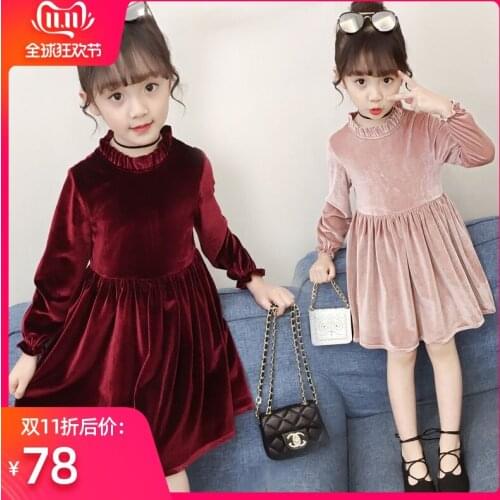 2019 Gold velvet girls autumn new dress children winter thick red princess dress