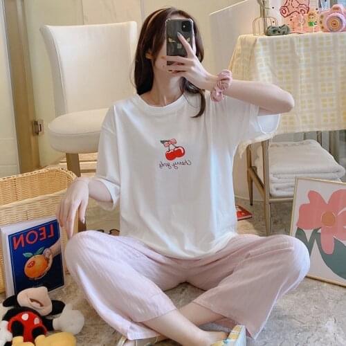 2021 Summer Short Sleeve Long Pants Pajama Sets for Women Korean Loose Sleepwear Suit Pyjamas Homewear Pijama Mujer Home Clothes