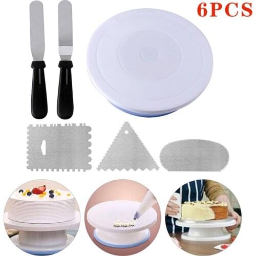 6PCs/Set Plastic Turntable Rotating Cake Stand Dough Smoother Spatula Rotary Table Fondant Molds DIY Pan Baking Tools