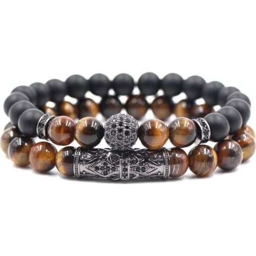8mm 2PCS/Set fd42 elastic adjusted nature Tigereye bead Frosted agate Onyx micro pave cz zircon cubic zirconia Charm Bracelet