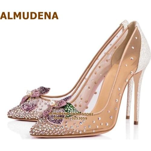 ALMUDENA Colorful Flowers Wedding Shoes Bling Bling Crystal High Heels Transparent Mesh Rhinestone Dress Pumps Glitter Sequined