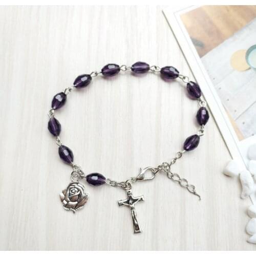 QIGO Purple Crystal Strand Bracelet Religious Jewelry Catholic Cross Rosary