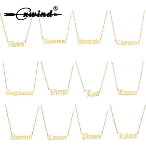 Cxwind Twelve Horoscope Necklace Women Charm Letter Pendant Zodiac Necklace Clavicle Chain 12 Constellation Sign Female Jewelry