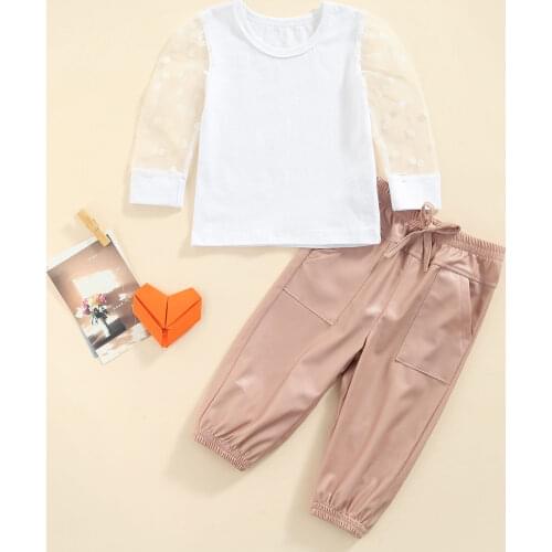 FOCUSNORM Autumn Lovely Kids Girls 2pcs Clothes Sets Polka Dot Mesh Puff Sleeve T Shirts Tops Solid Pants Outfits 2-7Y