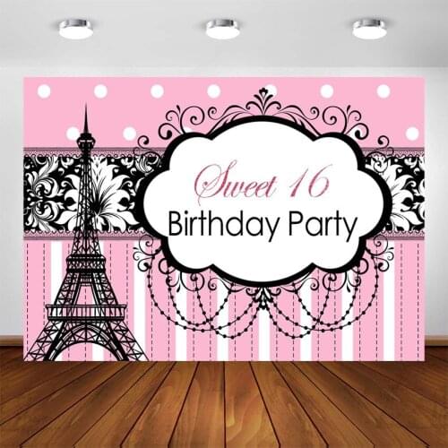 Sweet 16th Party Backdrop Birthday Pink Decoration Sixteen Girl Paris Eiffel Tower Birthday Photo Background Photocall