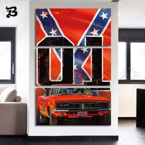 Canvas Painting Car 3 Piece Wall Art Red Car with X Flag Canvas Posters and Prints Wall Pictures for Living Room Wall Decoration