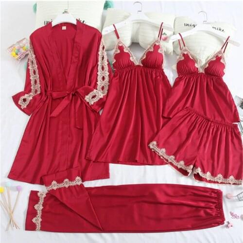 Hollow Out Satin Women 5PCS Robe Set Sexy Nightdress Sleepwear Kimono Gown Lace Pajamas Intimate Lingerie Nighty&Robe Suit
