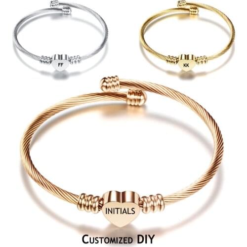 Fashion Engraving DIY Initials Letter Steel Wire Bangle Openable Stainless Bracelet for Woman Girl Anniversary Gift