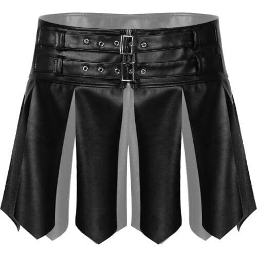 Mens Wetlook Faux Leather Tassel Skirt Halloween Fancy Dress Ball Costume Adjustable Buckle Zipper Waistband Miniskirt Clubwear