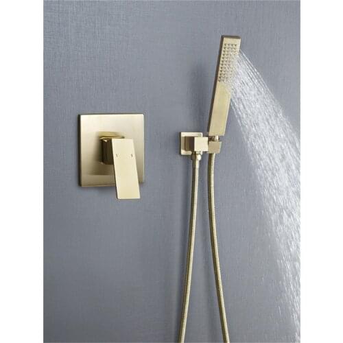 Bathtub Shower Faucet Set Solid Brass Brushed Gold Mixer Tap Hot & Cold In-Wall Mounted Single Handle With Handheld Shower