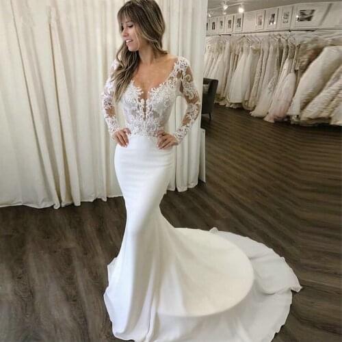 Slim Fit Mermaid Wedding Gowns Long Sleeves Scoop Satin Chiffon Bride Dresses New Lace Appliques Sweep Train White Wedding Dress