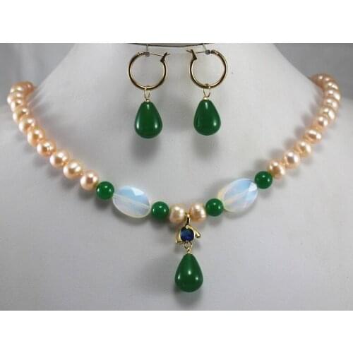Beautiful ladys 8mm pinkl pearl mixed moonjade necklace jades earrings sets