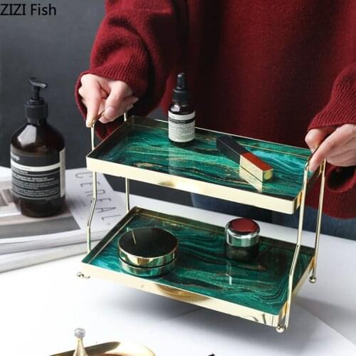 Nordic Agate Texture Golden Storage Tray Home Decor Plates Double Metal Snacks Cake Plate Mirror Skincare Jewelry Display Tray