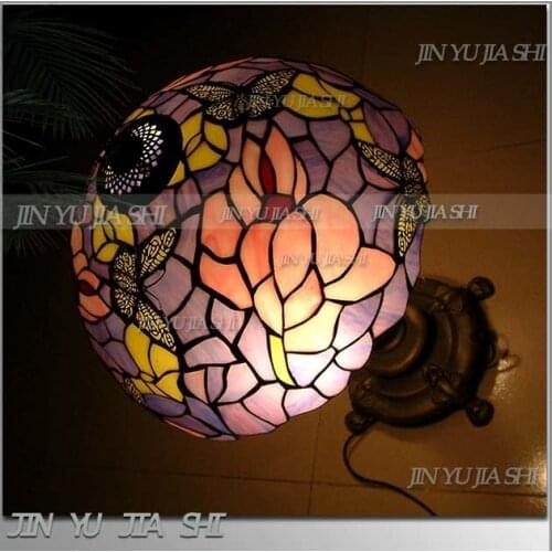 Tiffany Retro Purple Butterfly color art glass table lamp pastoral bedroom study room lamp 12inch