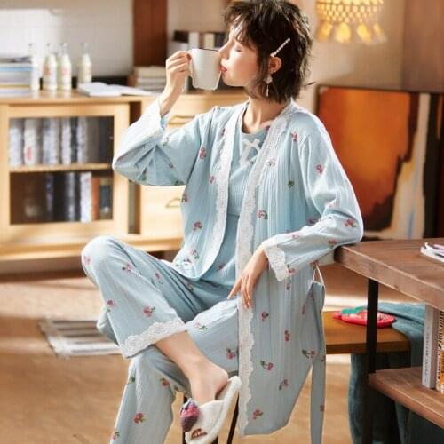 Spring Autumn Pregnant Women Pajamas 3PCS Set Printed Lace Patchwork Long Robe+T-shirts+Straight Pants Maternity Home Wear