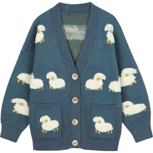 LACIBLE Vintage Lamb Knit Cardigan Jacket Coats Streetwear Harajuku Casual Sheep Full Print Knitted Cardigan Sweater Pocket Blue