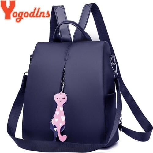 Yogodlns Women Backpack 2021 Fashion Oxford Bag Solid Color Travel Backpack Ladies Small Backpack With Cat Pendant