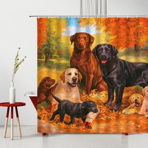 Funny Animals Shower Curtain Cute Pet Dog Oil Painting Autumn Landscape Maple Leaf Pattern Bathroom Decor Bath Hanging Curtains