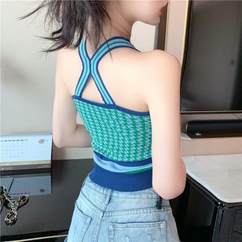 Womens Knitting Halter Off-shoulder Tank Crop Tops Female Summer Plaid Camisole Sleeveless Short Tee shirts For Girls
