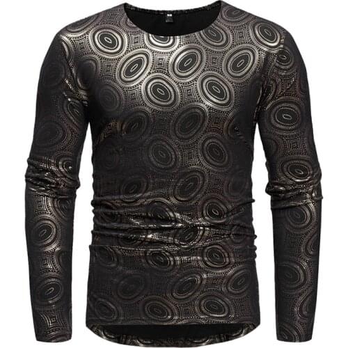 Golden Bronzing Long Sleeve T Shirt Men Fad Autumn New African Dashiki Print Dress Shirt Mens African Clothes Tee Shirt Homme