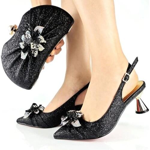 2021 New Arrival Italian Design African Fashon Special Flower Style Decoration Party Ladies Shoes and Bag Set in Black Color