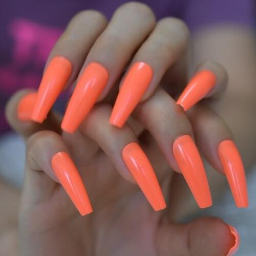 24pcs Orange Coffin False Nail Extra Long Full Cover Sculpted Ballerina Acrylic Fake Nails Fingernail Tips Manicure Charms