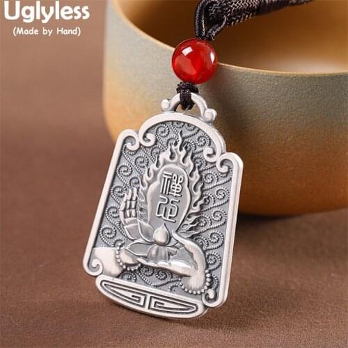Uglyless Solid 999 Full Silver Medal Pendants Necklaces + Rope Chain Thai Silver Buddhism Zen Buddha Lotus Necklace Agate Mantra