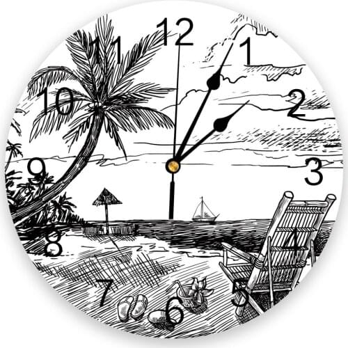 Beach Coconut Tree Chair Boat Sketch Black And White Modern Wall Clock For Home Office Decoration Living Room Hanging Watch