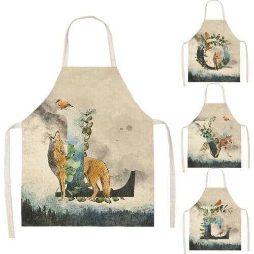Animal Letters Pattern Printed Cotton Linen Aprons 66x47cm Kitchen Brief Pinafore Women Home Cooking Baking Waist Bibs