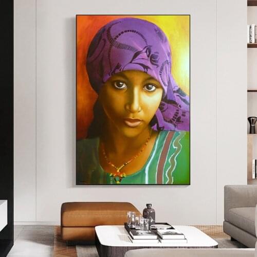 Canvas Painting African Woman Portrait Wall Art Purple Scarf Poster Print Wall Picture for Living Room Home Decoration Cuadros