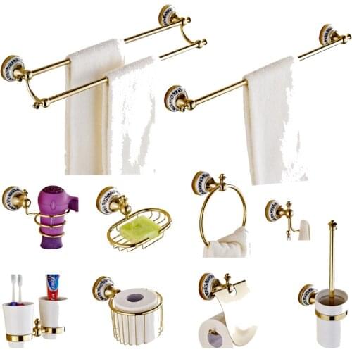 Leyden Modern Golden Finish Brass And Ceramics Bathroom Accessories Set Towel Bars Holder Rack Toilet Brush Paper Holder Retail