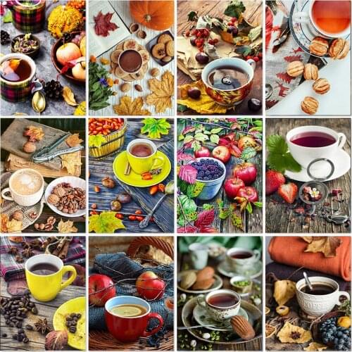 5D Diamond Painting Coffee Full Square Diy Diamond Embroidery Maple Leaf Landscape Cross Stitch Kit Rhinestone Mosaic Home Decor