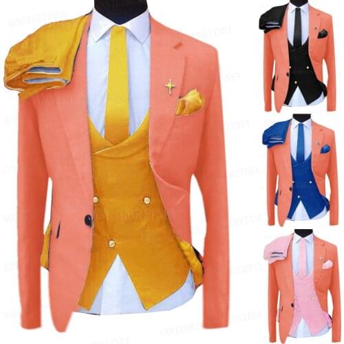Coral Color Suit Men 3 Pieces Custom Oversize Business Blazer Groom Wedding Suit Tuxedo Formal Performance Jacket Vest with Pant