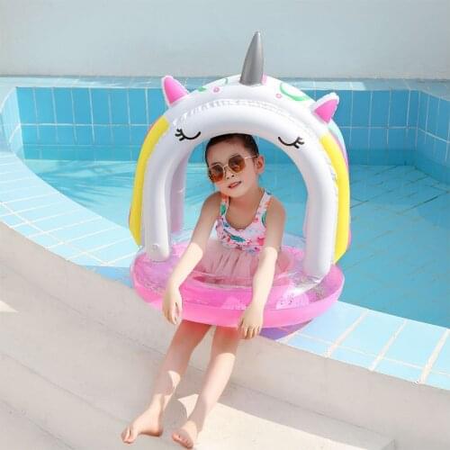 Rooxin Unicorn Inflatable Ring Children floating Bed Swimming Ring With Awning Princess Horse Seat Ring Seat Swimming Pool Toy
